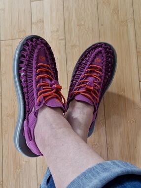 Keen Women's Purple Knit Slip-On Sneakers with Orange Laces